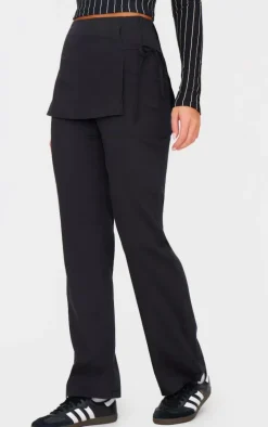 Black Woven Wrap Tie Skirt Straight Leg Pants