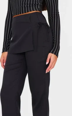 Black Woven Wrap Tie Skirt Straight Leg Pants