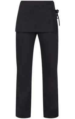 Black Woven Wrap Tie Skirt Straight Leg Pants