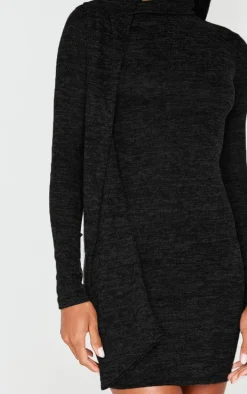 Black Wrap Neck Detail Bodycon Dress