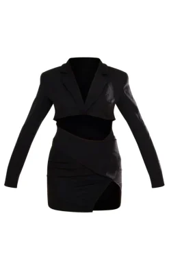 Black Wrap Skirt Cut Out Detail Blazer Dress