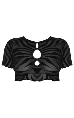 Black Zebra Devore Cut Out Front Short Sleeve Crop Top