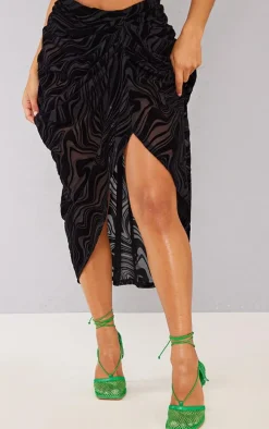 Black Zebra Devore Ruched Midi Skirt