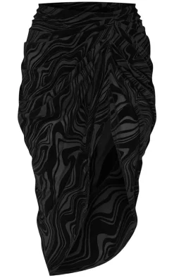 Black Zebra Devore Ruched Midi Skirt