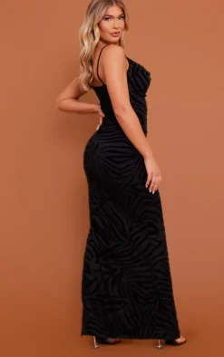 Black Zebra Flocked Mesh Strappy Cowl Maxi Dress
