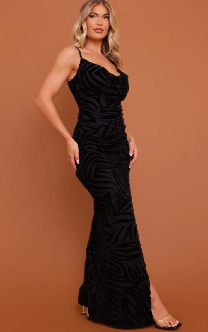 Black Zebra Flocked Mesh Strappy Cowl Maxi Dress