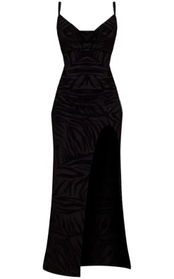 Black Zebra Flocked Mesh Strappy Cowl Maxi Dress