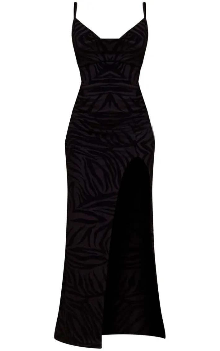 Black Zebra Flocked Mesh Strappy Cowl Maxi Dress