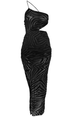Black Zebra Flocked One Shoulder Cut Out Midaxi Dress