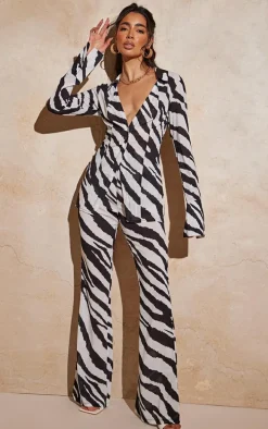 Black Zebra Print Chiffon Flare Pants