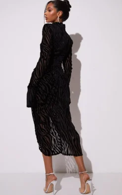 Black Zebra Print Devore High Neck Draped Midi Dress