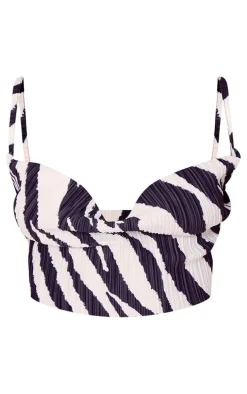 Black Zebra Print Plisse Strappy Cowl Neck Top