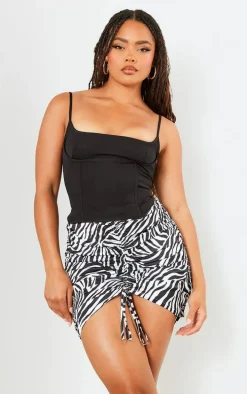Black Zebra Print Ruched Front Skirt