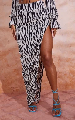 Black Zebra Print Woven Ruched Side Detail Split Leg Midaxi Skirt