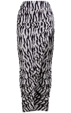 Black Zebra Print Woven Ruched Side Detail Split Leg Midaxi Skirt