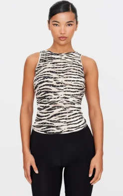 Black Zebra Printed Sheer Sequin Long Vest Top