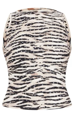 Black Zebra Printed Sheer Sequin Long Vest Top