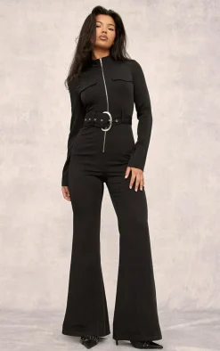 Black Zip Up Belted Tailored Cargo Jumpsuit