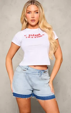 Bleach Wash Asymmetric Waistband Frayed Hem Denim Short