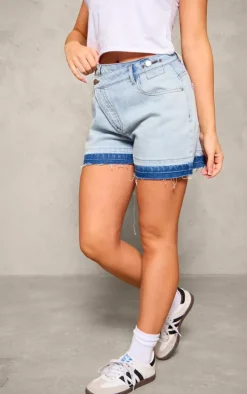 Bleach Wash Asymmetric Waistband Frayed Hem Denim Short