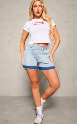 Bleach Wash Asymmetric Waistband Frayed Hem Denim Short