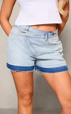 Bleach Wash Asymmetric Waistband Frayed Hem Denim Short