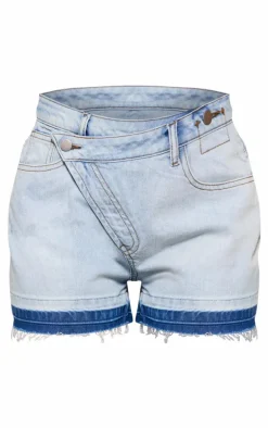 Bleach Wash Asymmetric Waistband Frayed Hem Denim Short