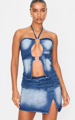 Bleach Wash Keyhole Detail Halterneck Denim Top