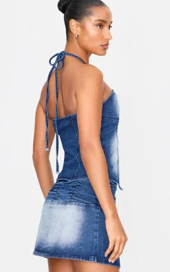 Bleach Wash Keyhole Detail Halterneck Denim Top