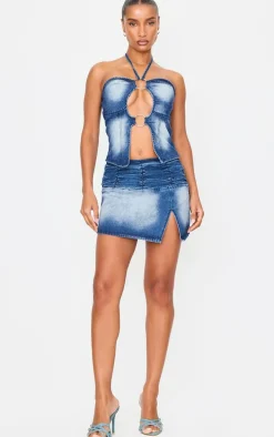 Bleach Wash Keyhole Detail Halterneck Denim Top