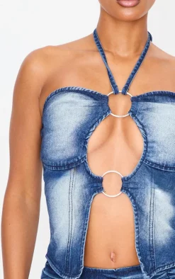 Bleach Wash Keyhole Detail Halterneck Denim Top