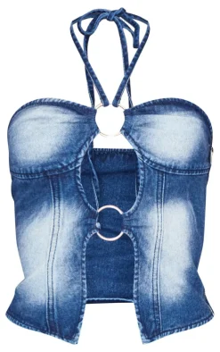 Bleach Wash Keyhole Detail Halterneck Denim Top