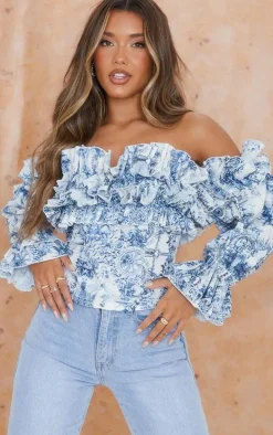 Blue Porcelain Print Ruffle Hem Off Shoulder Long Sleeve Blouse