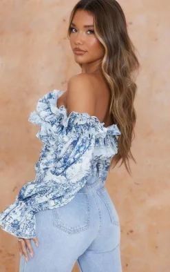 Blue Porcelain Print Ruffle Hem Off Shoulder Long Sleeve Blouse