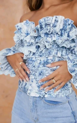 Blue Porcelain Print Ruffle Hem Off Shoulder Long Sleeve Blouse