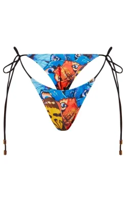 Blue Abstract Butterfly Print Tie Side Bikini Bottoms