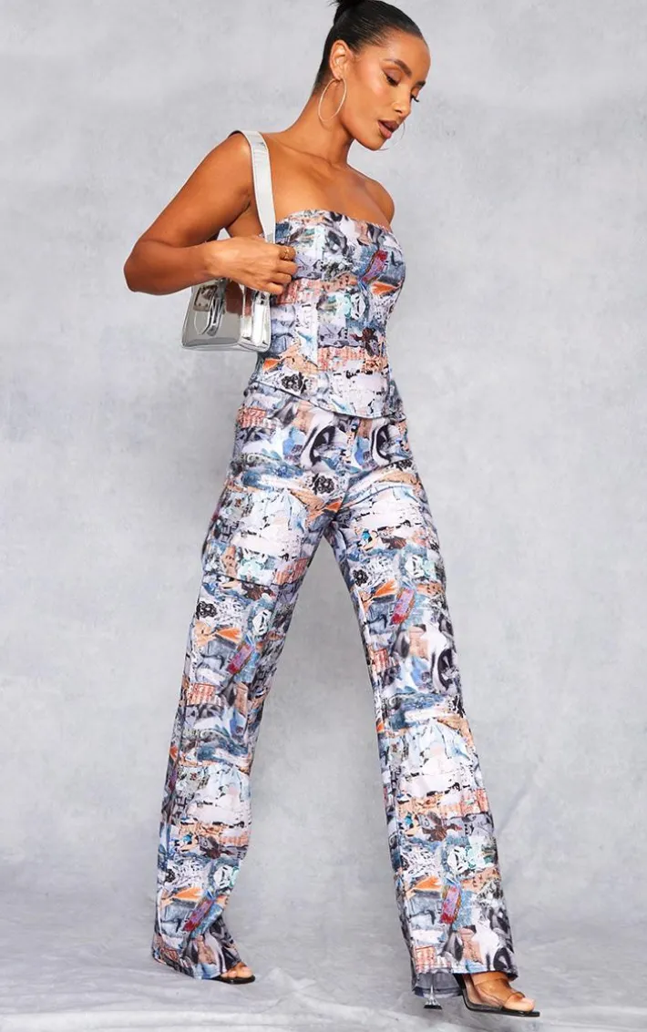 Blue Abstract Collage Print Stretch Woven Low Rise Cargo Pants