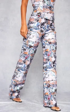 Blue Abstract Collage Print Stretch Woven Low Rise Cargo Pants