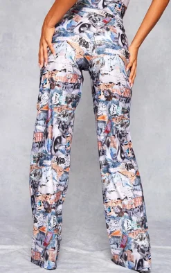 Blue Abstract Collage Print Stretch Woven Low Rise Cargo Pants