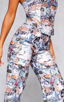 Blue Abstract Collage Print Stretch Woven Low Rise Cargo Pants