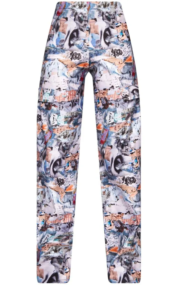 Blue Abstract Collage Print Stretch Woven Low Rise Cargo Pants