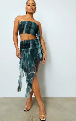 Blue Abstract Denim Print Mesh Ruffle Asymmetric Hem Midi Skirt