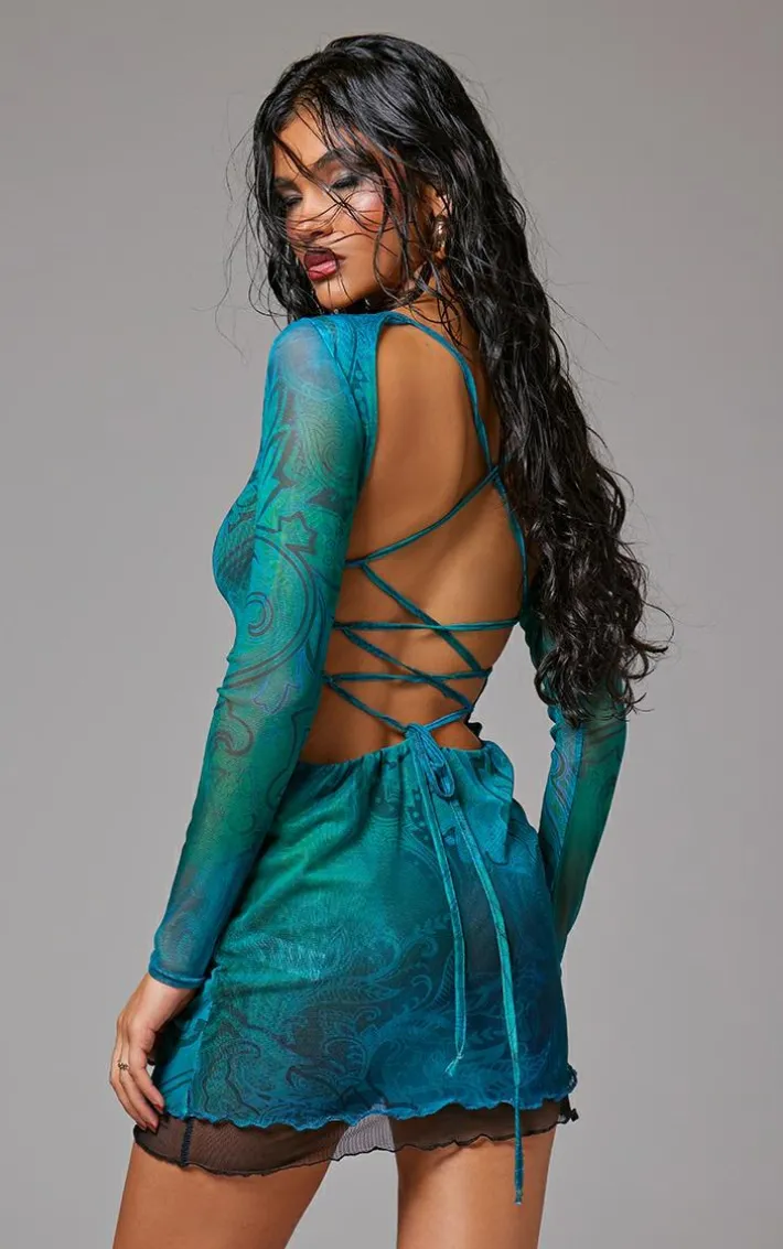 Blue Abstract Flower Printed Backless Mini Dress