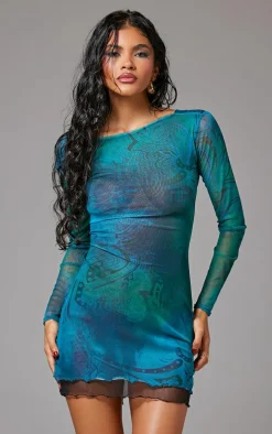 Blue Abstract Flower Printed Backless Mini Dress