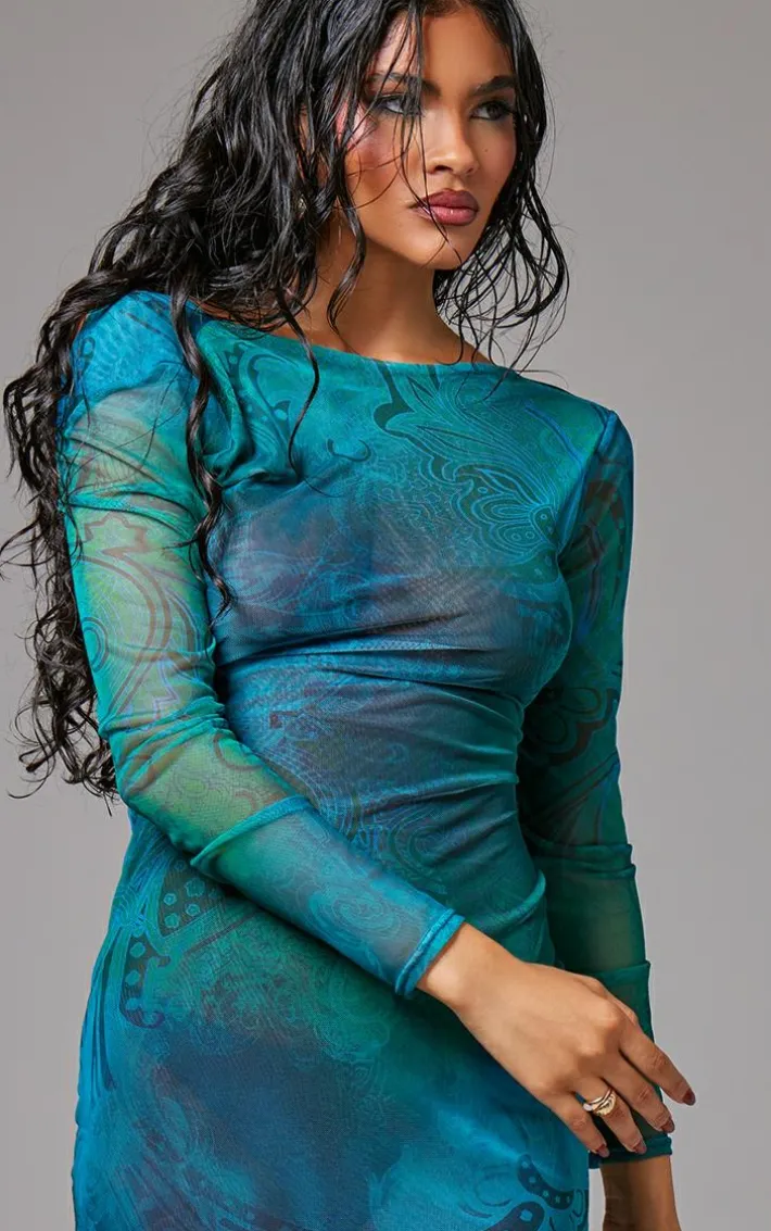 Blue Abstract Flower Printed Backless Mini Dress