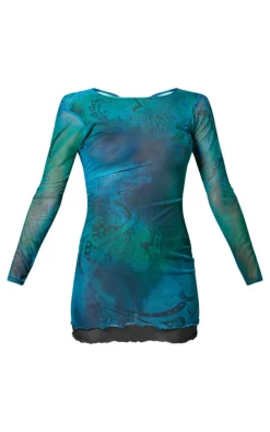 Blue Abstract Flower Printed Backless Mini Dress