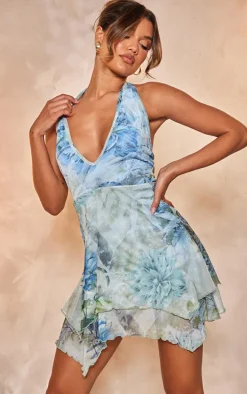 Blue Abstract Leaf Print Mesh Halterneck Tiered Shift Dress