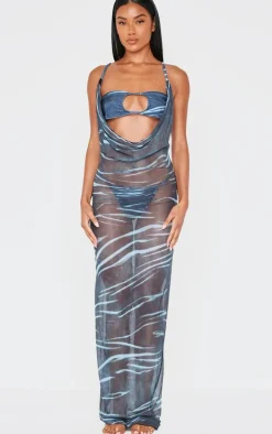 Blue Abstract Print Deep Plunge Maxi Beach Dress