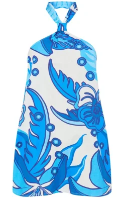 Blue Abstract Print Halter Neck Shift Dress