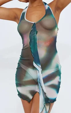 Blue Abstract Print Mesh Halterneck Center Frill Detail Bodycon Dress